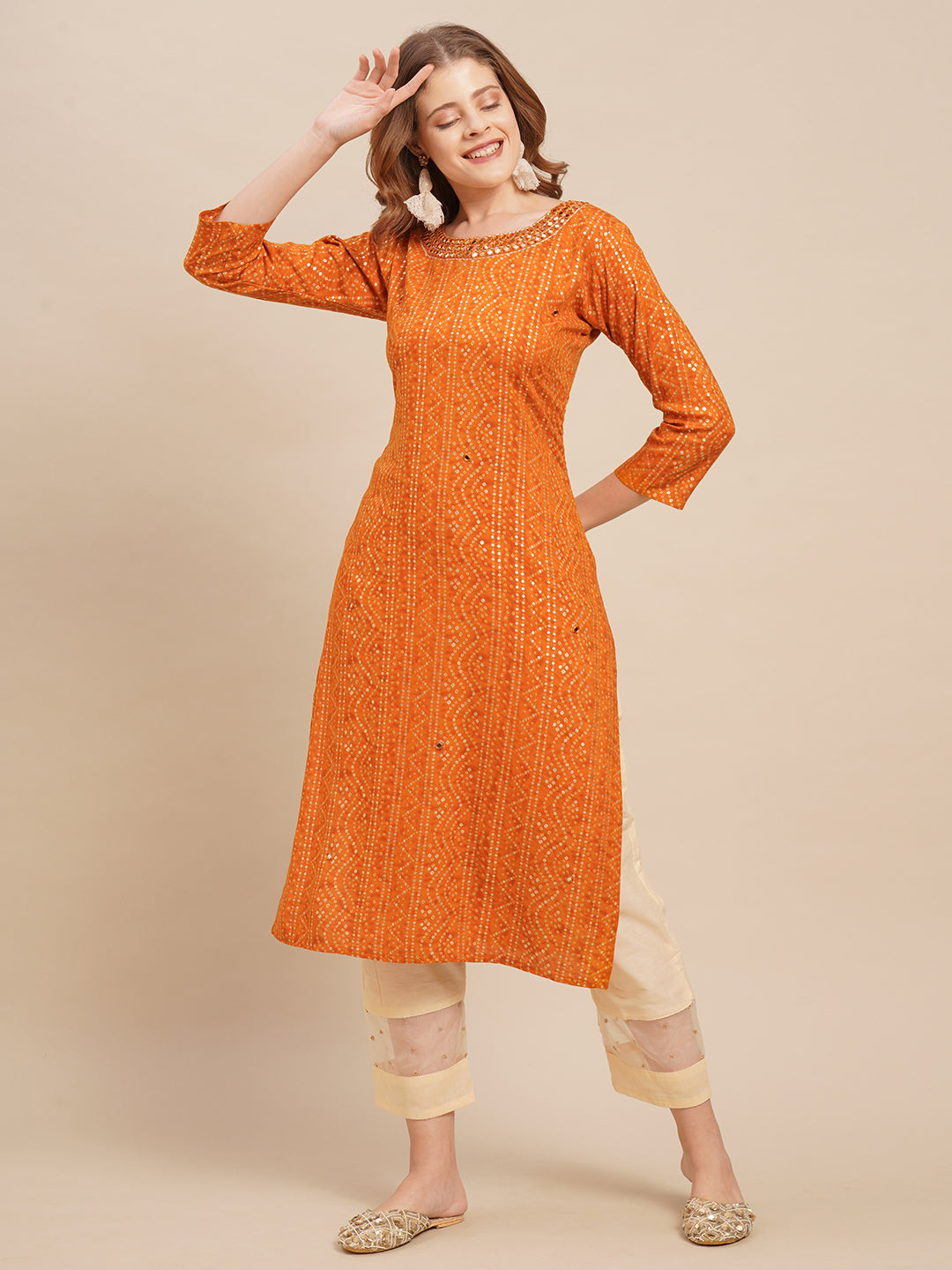 Bandhani Printed & Mirror Embroidered Straight Fit Kurta - Deep Yellow