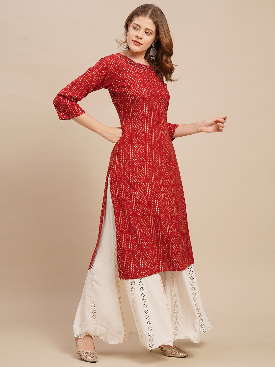 Bandhani Printed & Mirror Embroidered Straight Fit Kurta - Red