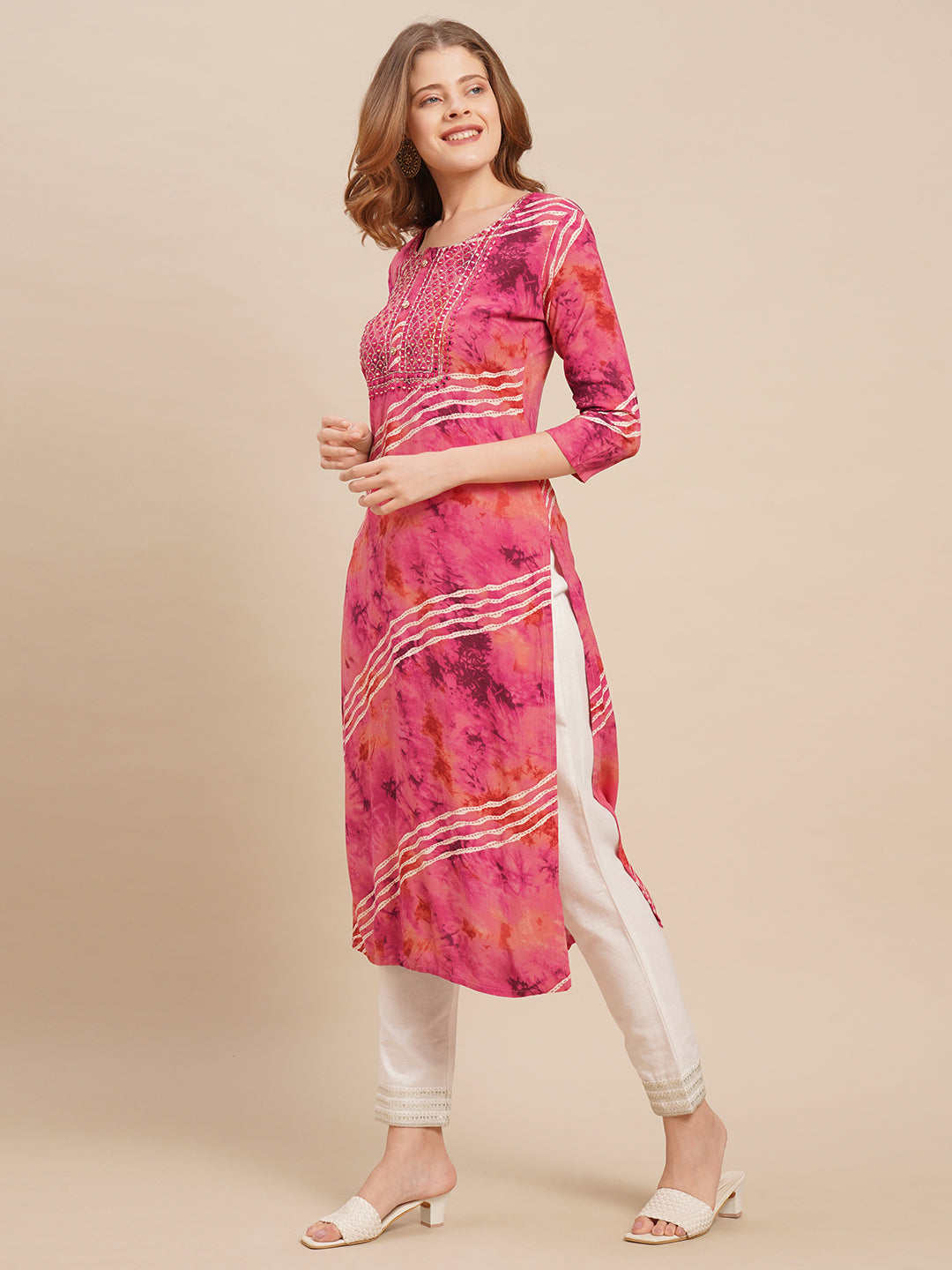 Mirror Embroidered & Leheriya Printed Straight Fit Kurta - Magenta Pink