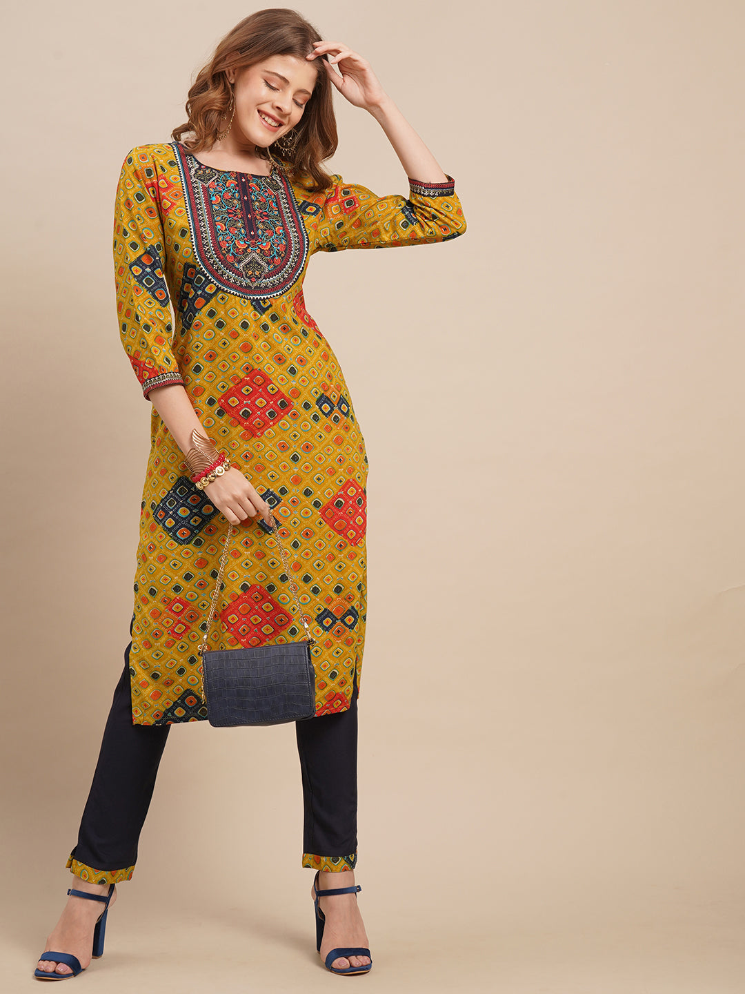 Zari Embroidered & Ethnic Printed Straight Kurta with Pants - Mustard