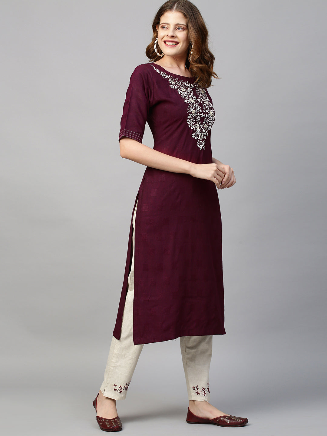 Floral Hand Embroidered Straight Kurta with Pants - Wine