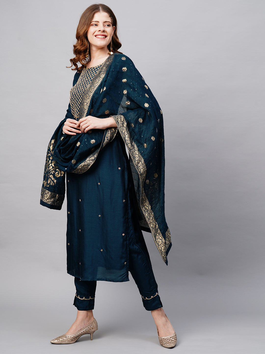 Floral Hand Embroidered Straight Kurta with Pants and Dupatta - Prussian Blue