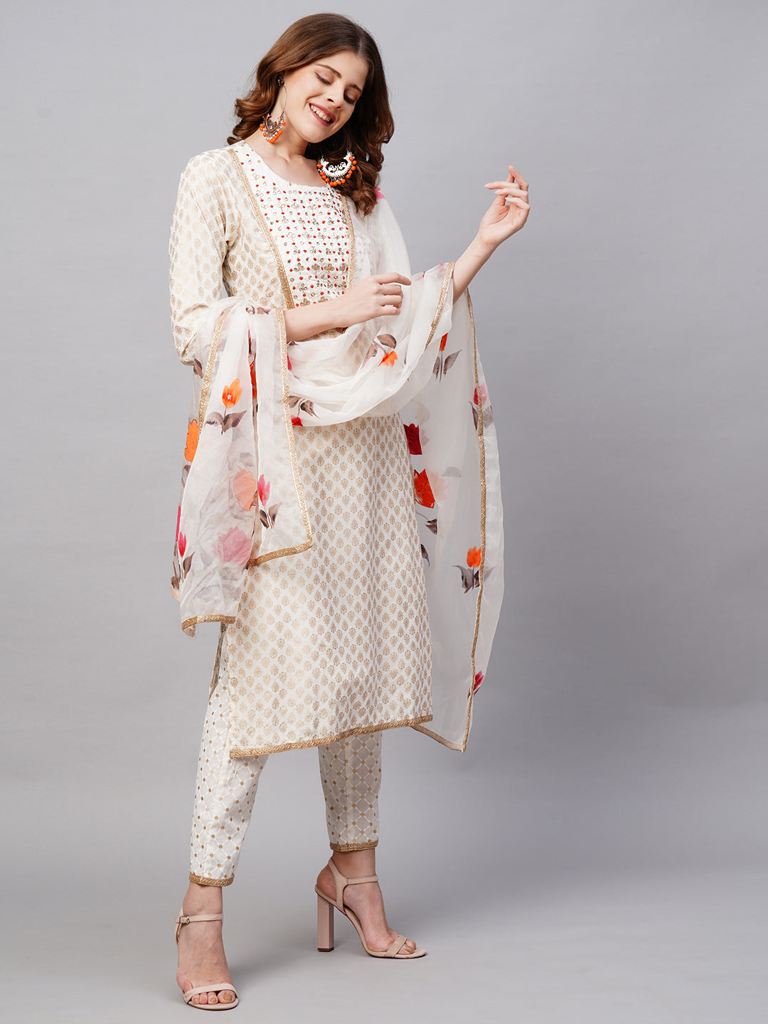 Ethnic Printed & Embroidered Kurta with Pants and Dupatta - Off White