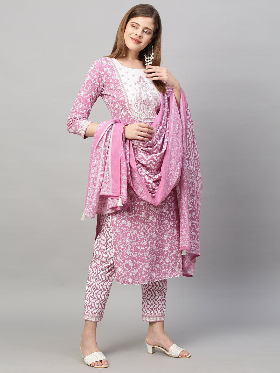 Floral Printed & Embroidered Kurta with Pants and Dupatta - Purple