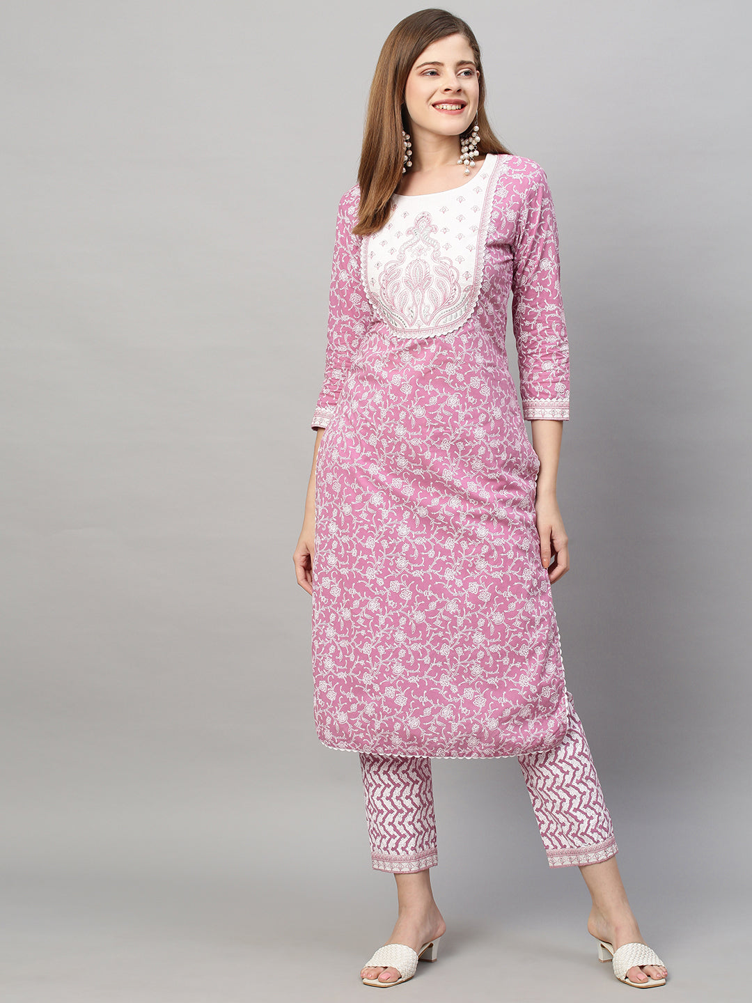 Floral Printed & Embroidered Kurta with Pants and Dupatta - Purple