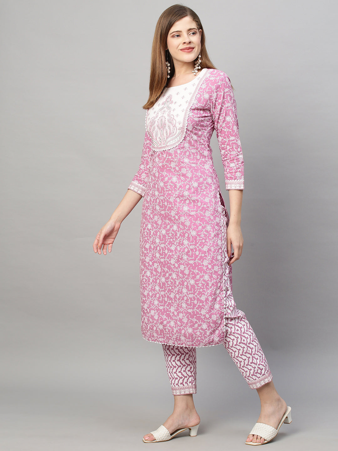 Floral Printed & Embroidered Kurta with Pants and Dupatta - Purple