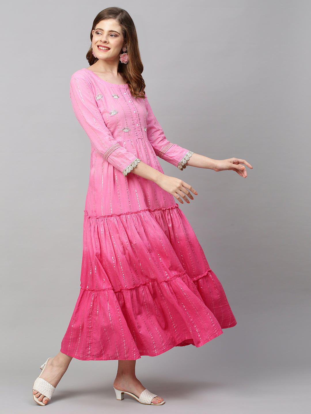 Hand Embroidered & Lurex Striped Tiered Flared Maxi Dress - Pink