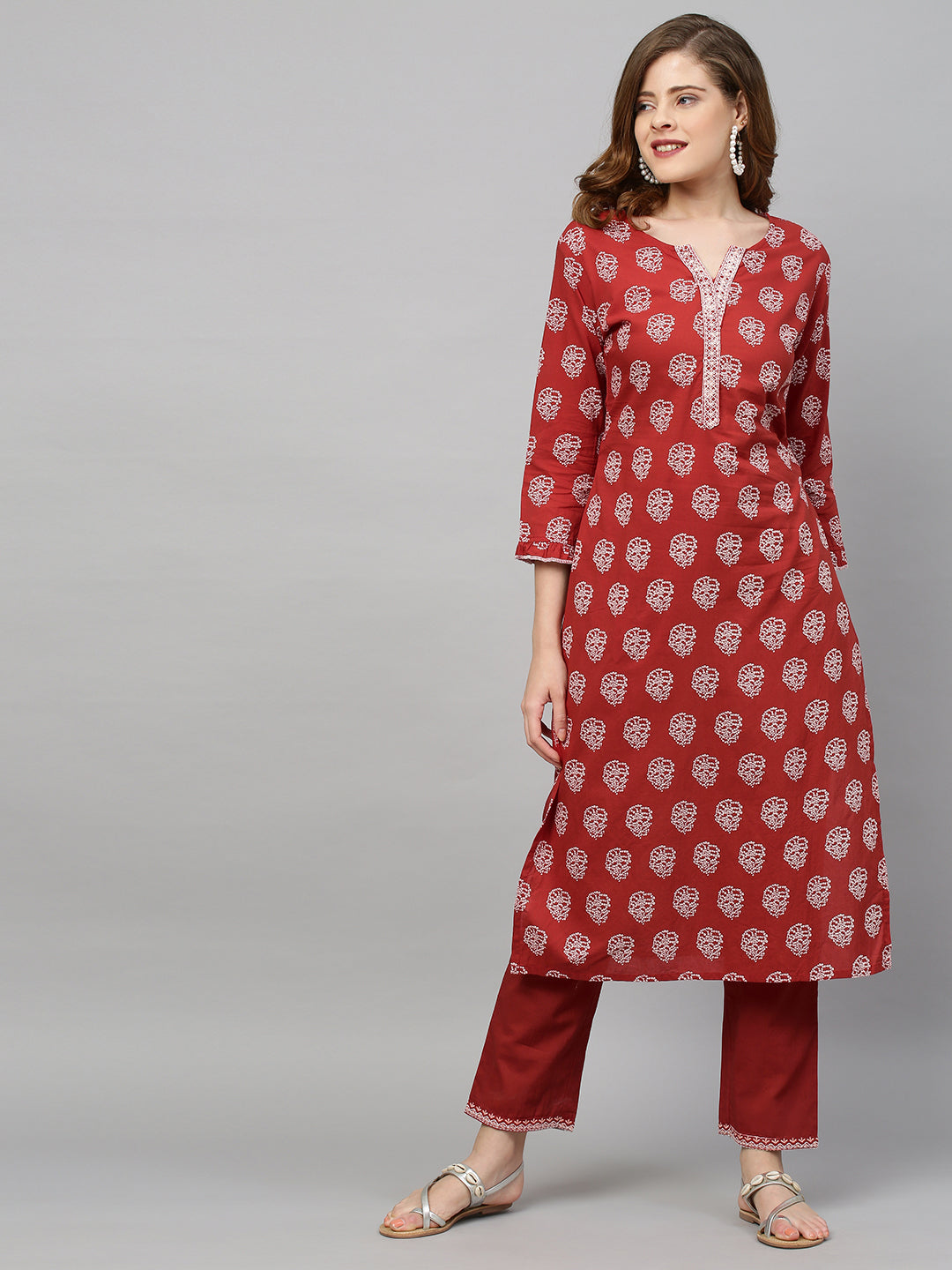Ethnic Printed Straight Fit Kurta with Pants - Red