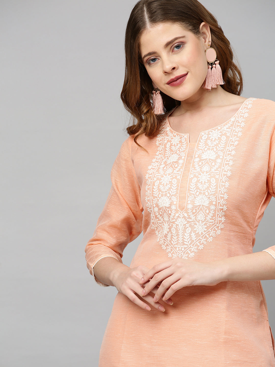 Ethnic Embroidered Straight Kurta with Dupatta - Peach