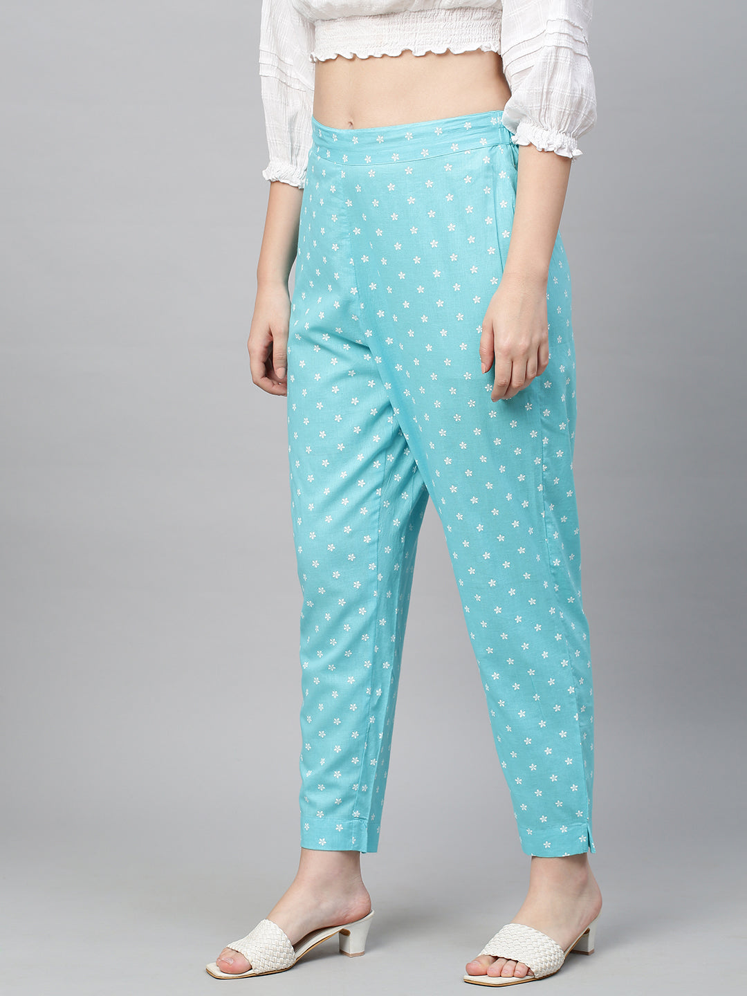 Floral Printed Straight Pant - Aqua Blue