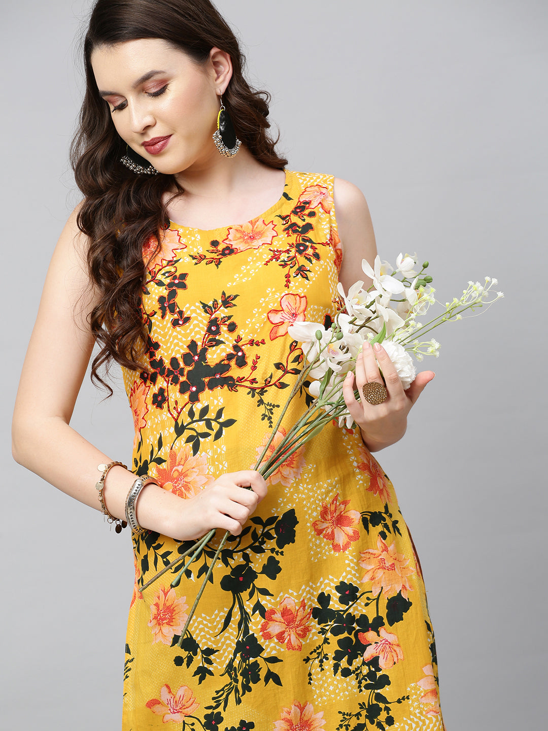Floral Printed & Hand Embroidered Straight Fit Kurta - Yellow