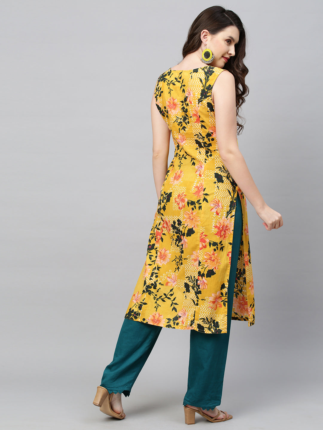 Floral Printed & Hand Embroidered Straight Fit Kurta - Yellow