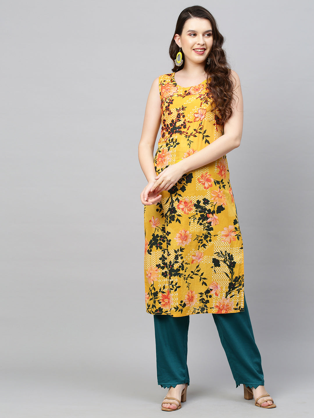 Floral Printed & Hand Embroidered Straight Fit Kurta - Yellow