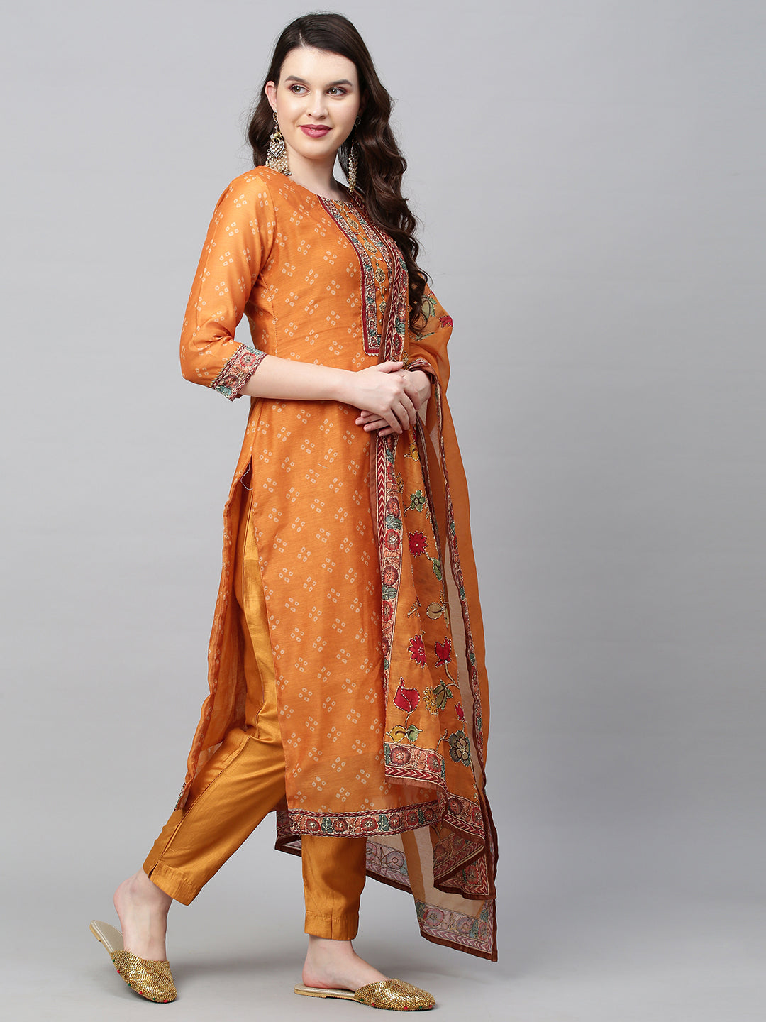 Bandhani Printed & Hand Embroidered Straight Kurta with Pants & Dupatta - Mustard