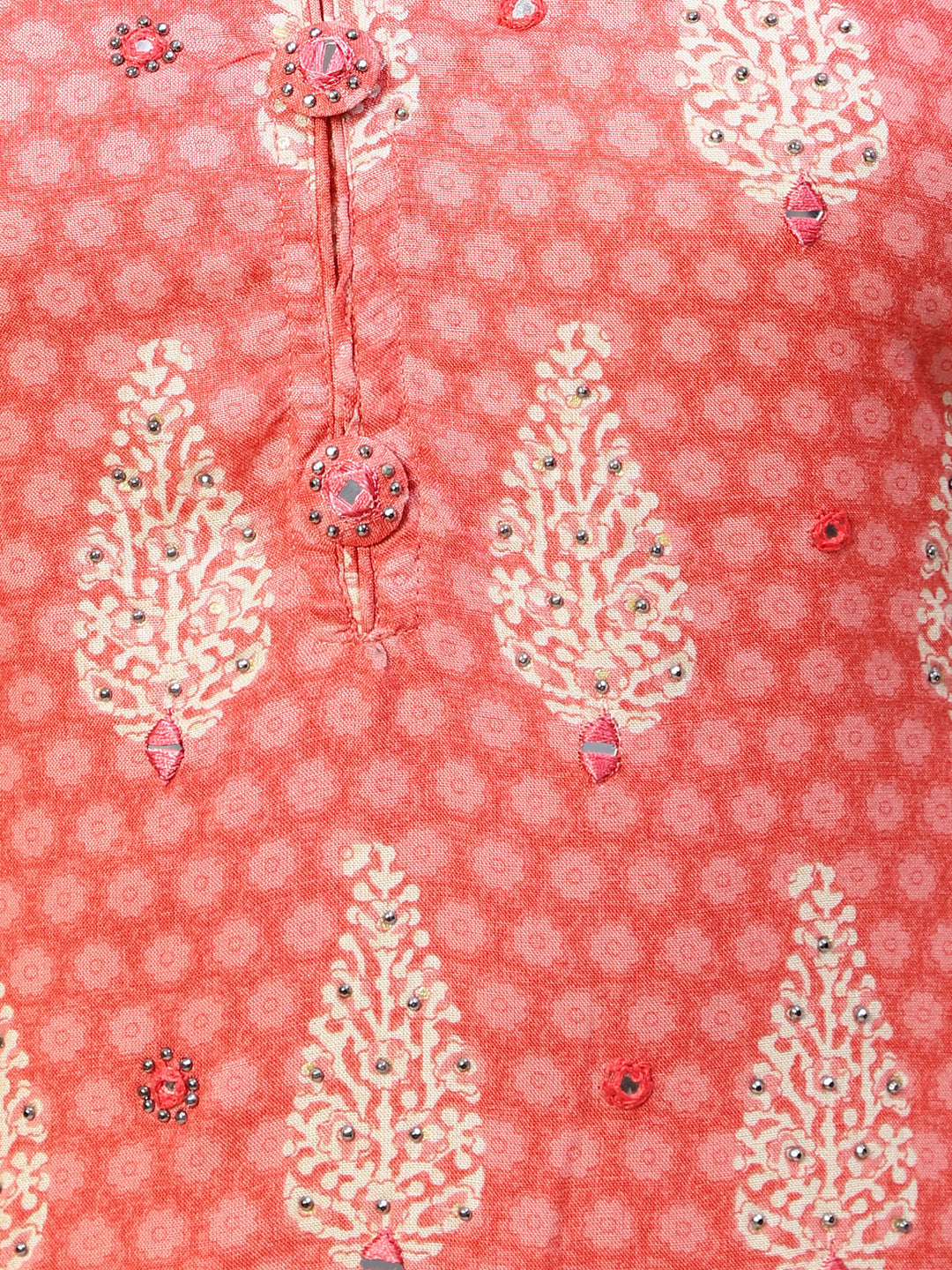Ethnic Printed & Embroidered Straight Fit Kurta with Pants - Peach