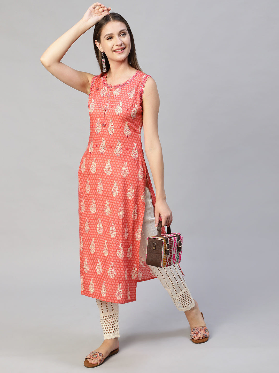 Ethnic Printed & Embroidered Straight Fit Kurta with Pants - Peach