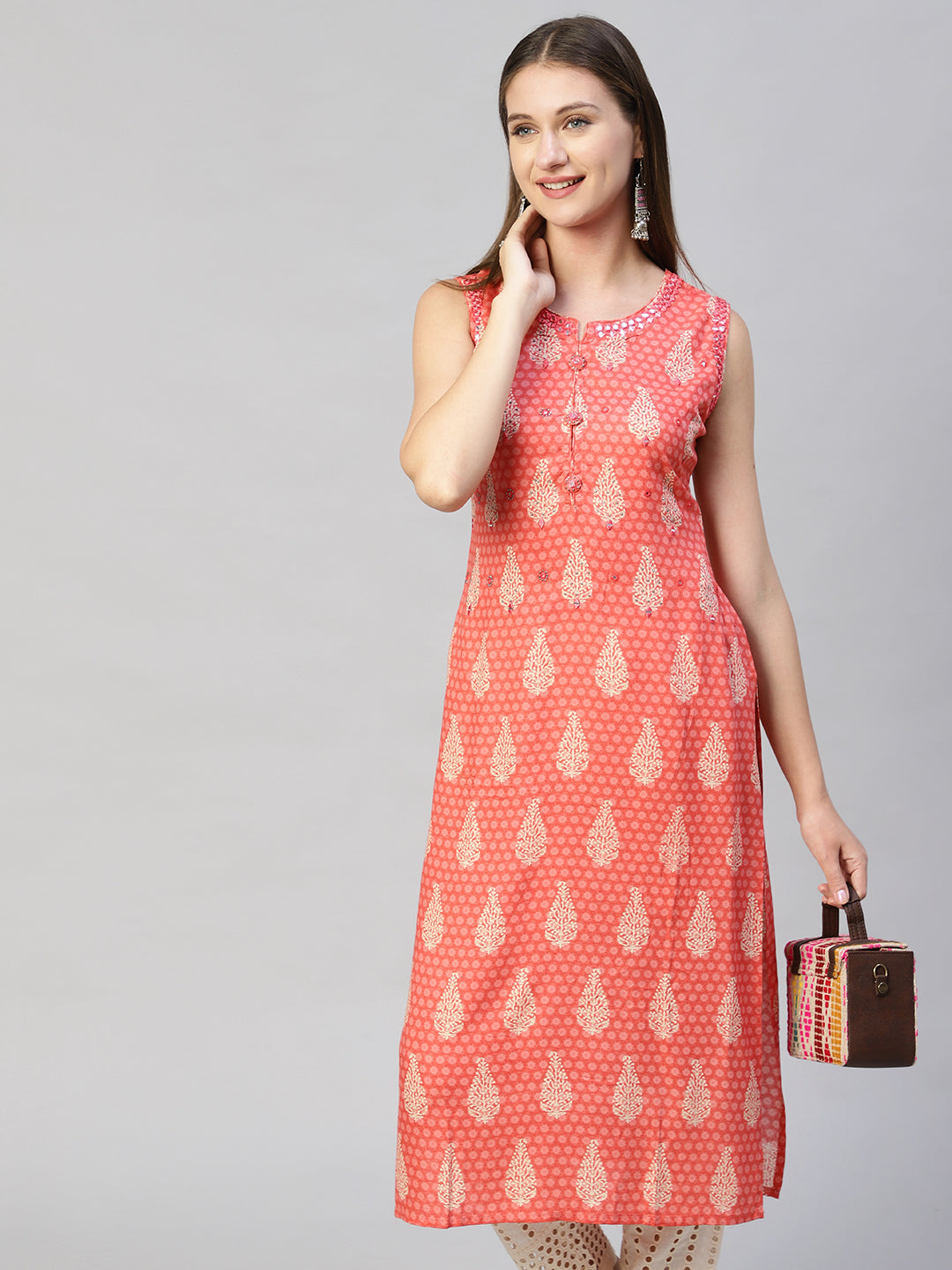 Ethnic Printed & Embroidered Straight Fit Kurta with Pants - Peach