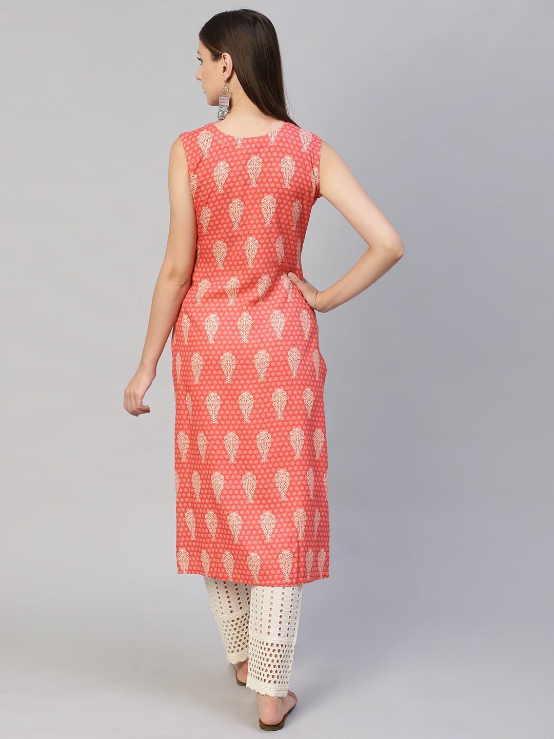 Ethnic Printed & Embroidered Straight Fit Kurta with Pants - Peach