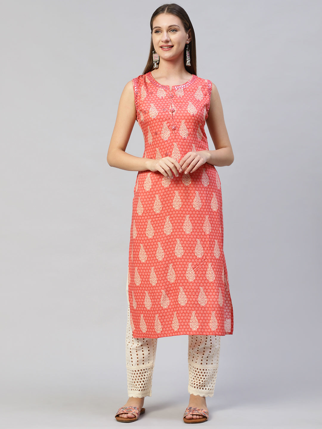 Ethnic Printed & Embroidered Straight Fit Kurta with Pants - Peach