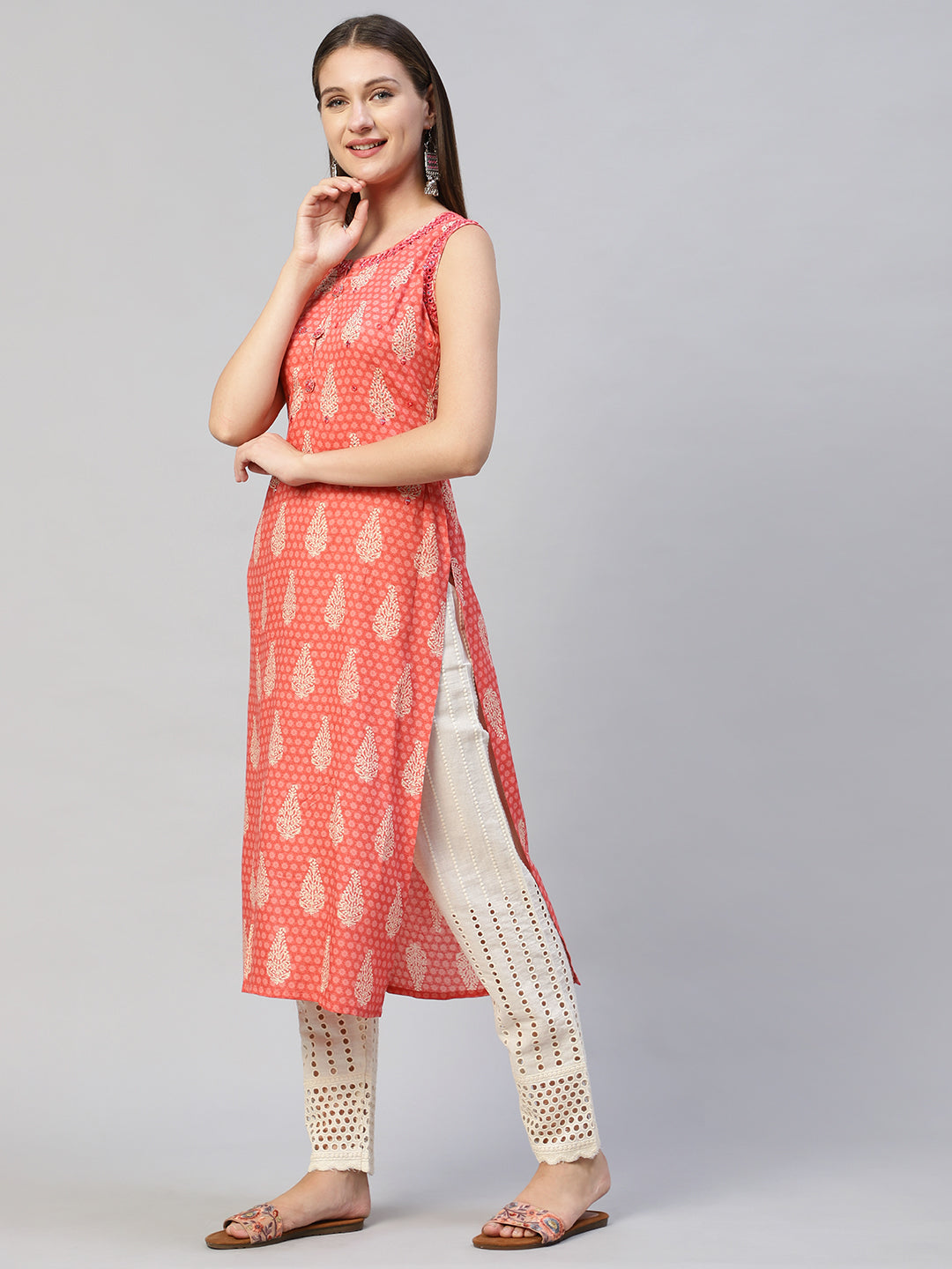 Ethnic Printed & Embroidered Straight Fit Kurta with Pants - Peach