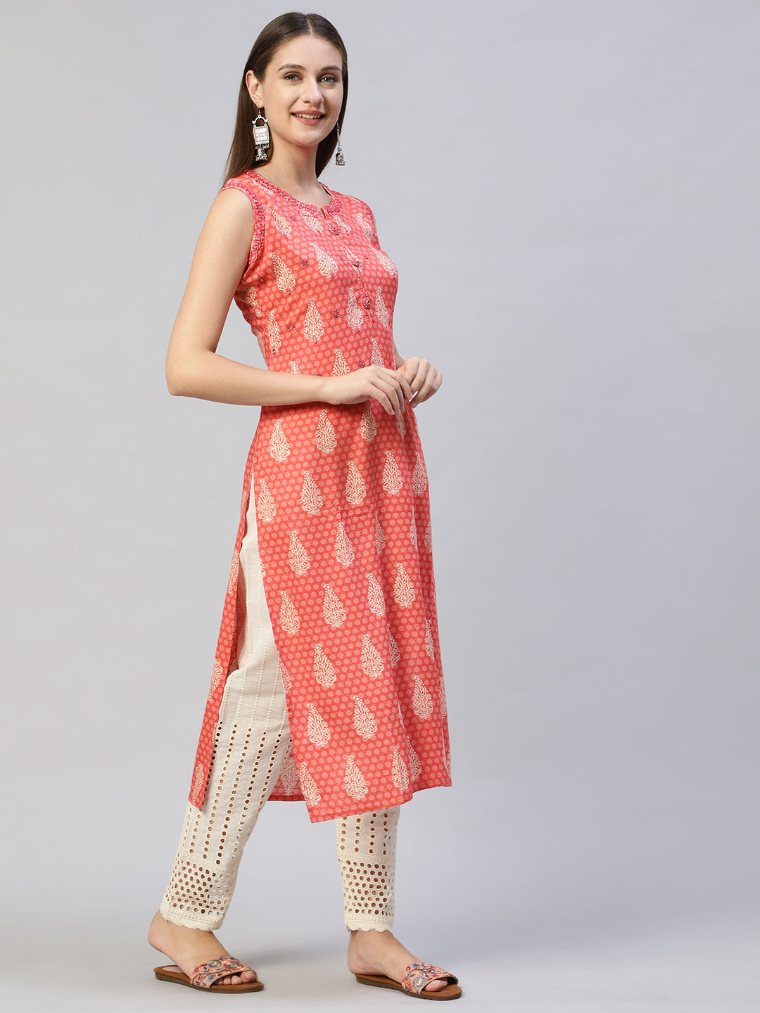 Ethnic Printed & Embroidered Straight Fit Kurta with Pants - Peach