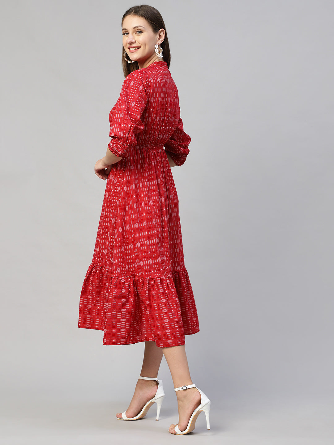 Ethnic Stripes Printed A-Line Flared Midi Dress - Red