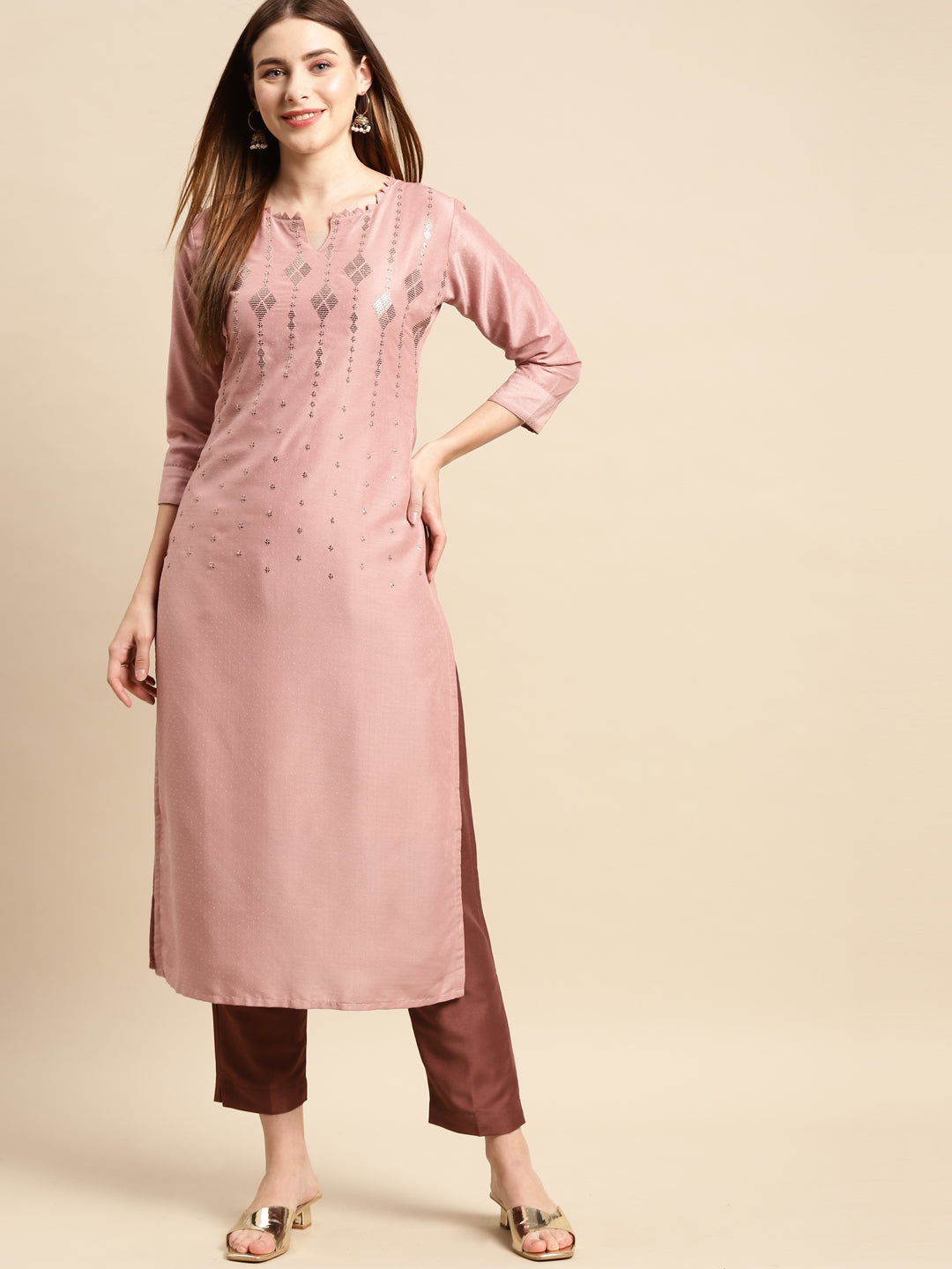 Ethnic Embroidered Kurta with Pant - Rose Pink