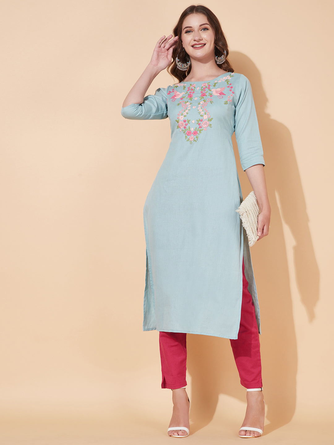 Floral Hand Embroidered Straight Fit Kurta - Powder Blue