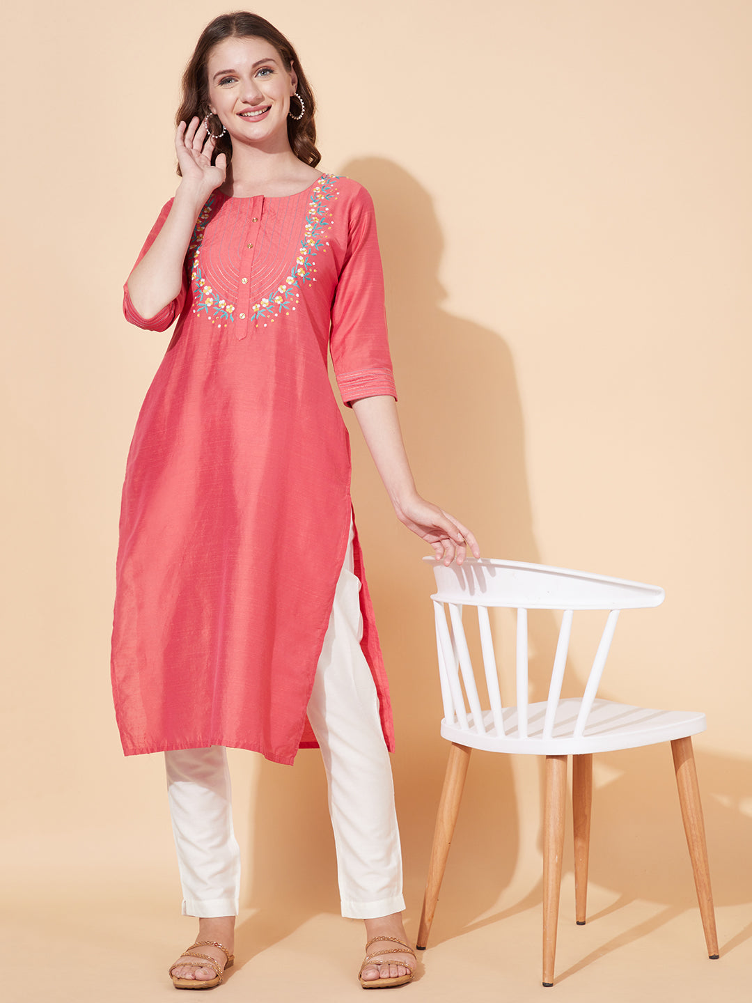 Ethnic Embroidered Straight Fit Kurta - Coral Pink