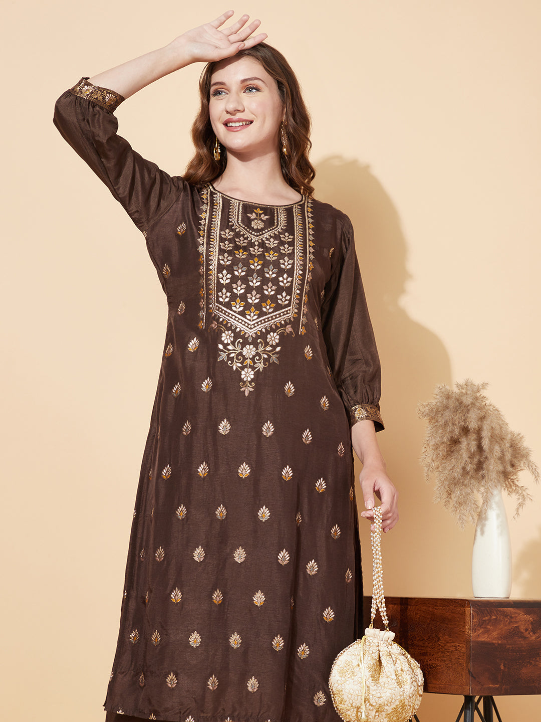 Ethnic Woven Straight Fit Kurta with Pants - Dark Brown