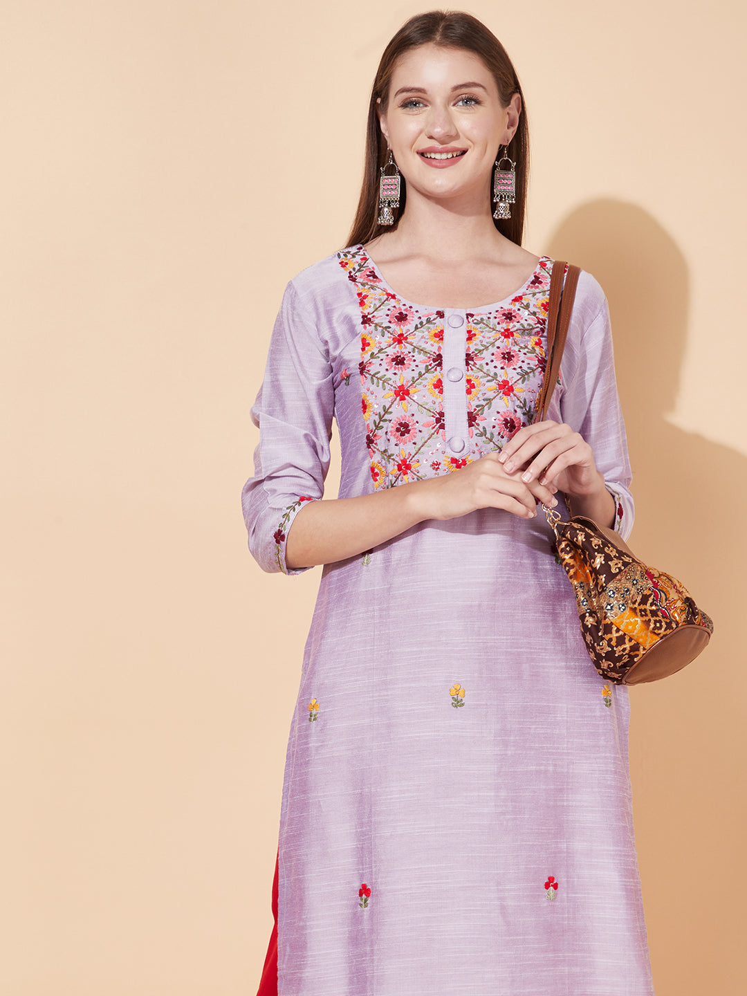 Floral Hand Embroidered Straight Fit Kurta - Light Purple