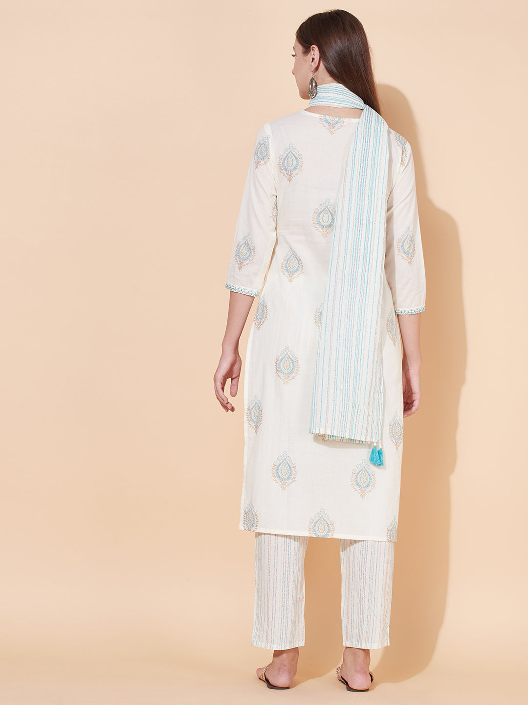 Ethnic Printed & Embroidered Kurta with Pants & Dupatta - Off White