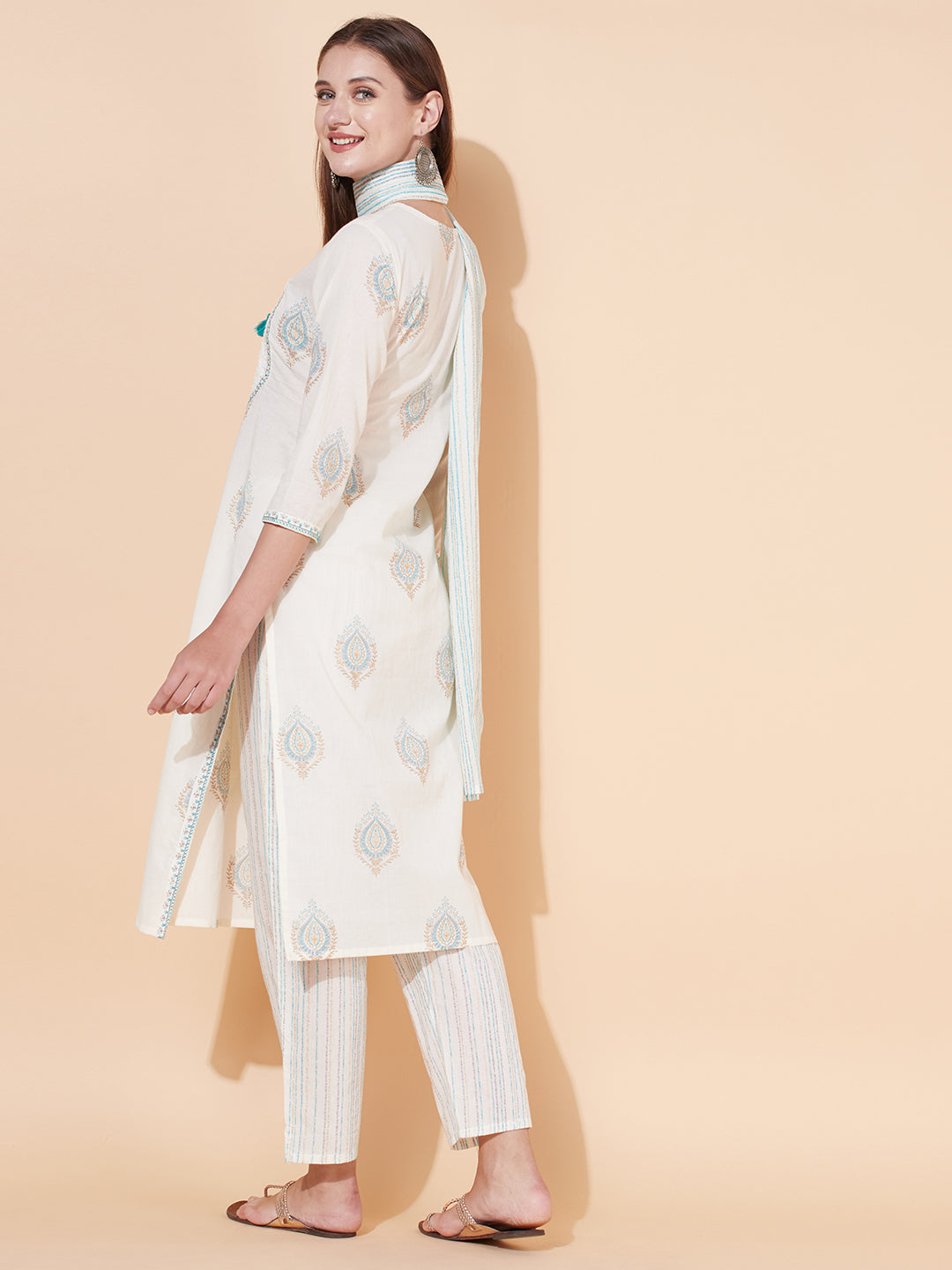Ethnic Printed & Embroidered Kurta with Pants & Dupatta - Off White