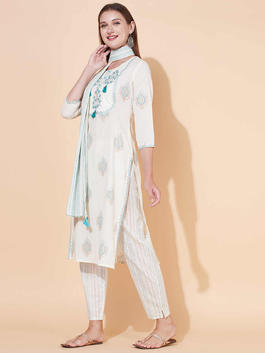 Ethnic Printed & Embroidered Kurta with Pants & Dupatta - Off White