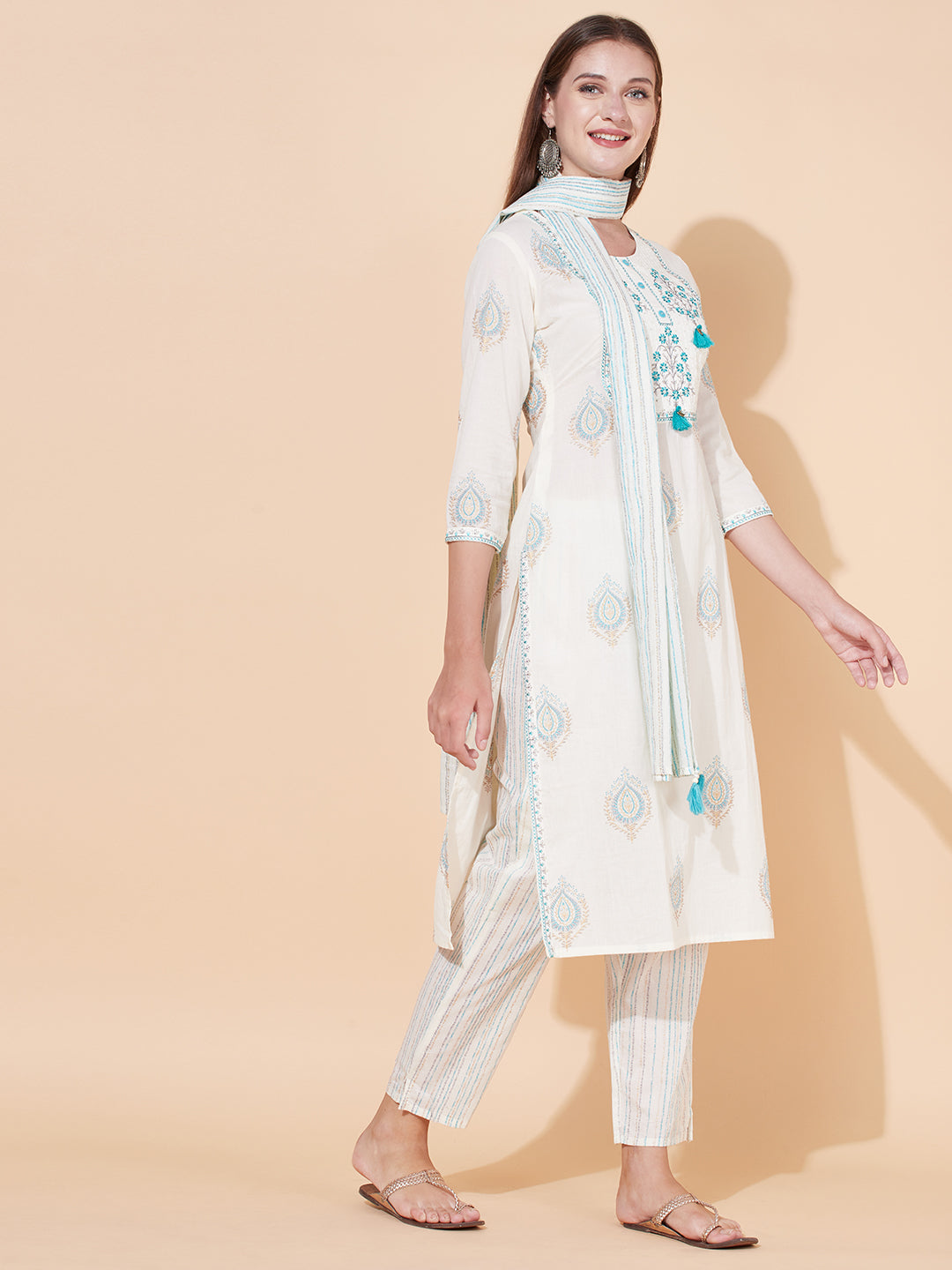 Ethnic Printed & Embroidered Kurta with Pants & Dupatta - Off White