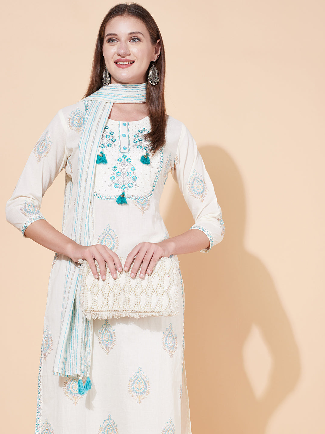 Ethnic Printed & Embroidered Kurta with Pants & Dupatta - Off White