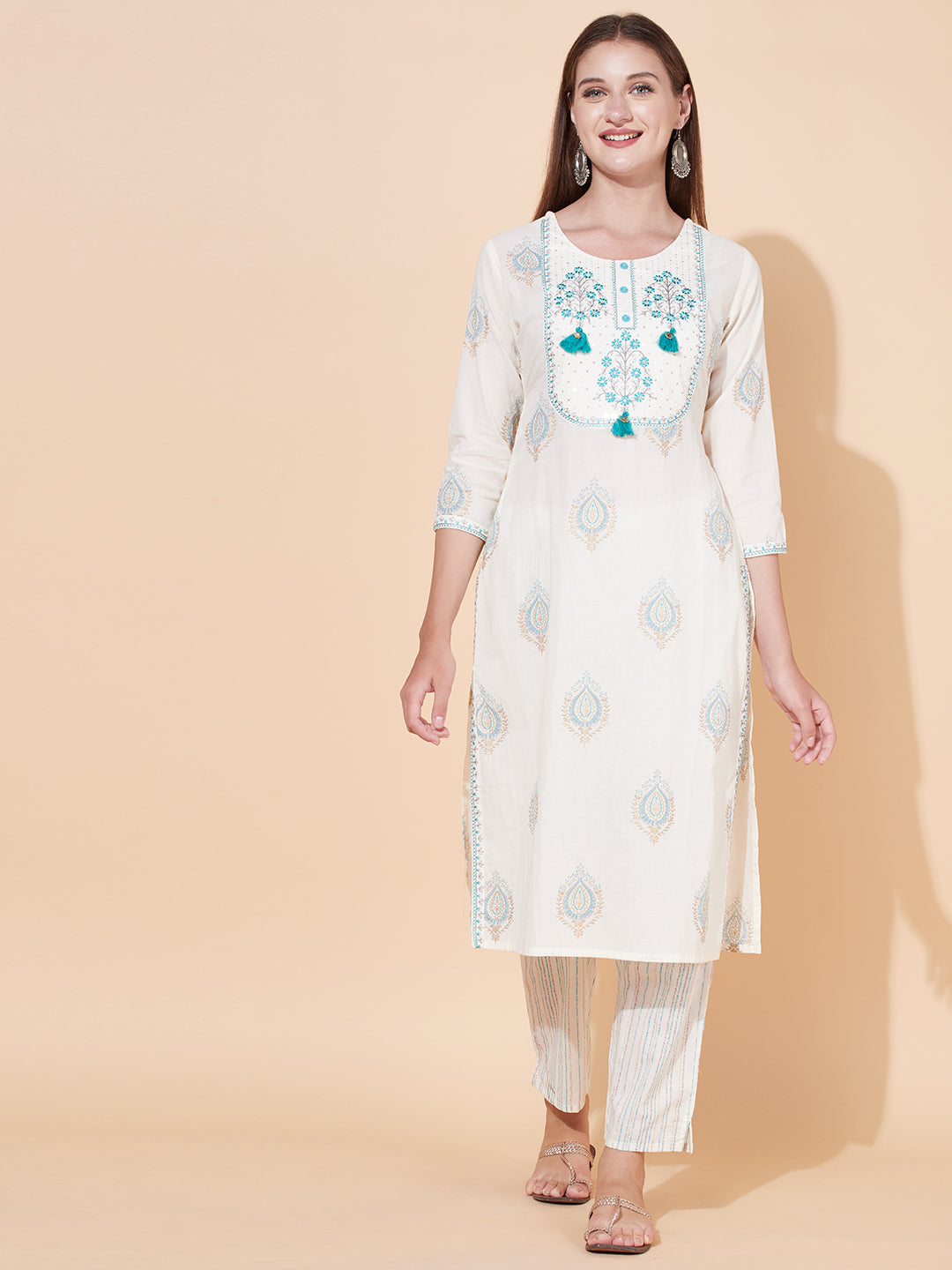 Ethnic Printed & Embroidered Kurta with Pants & Dupatta - Off White