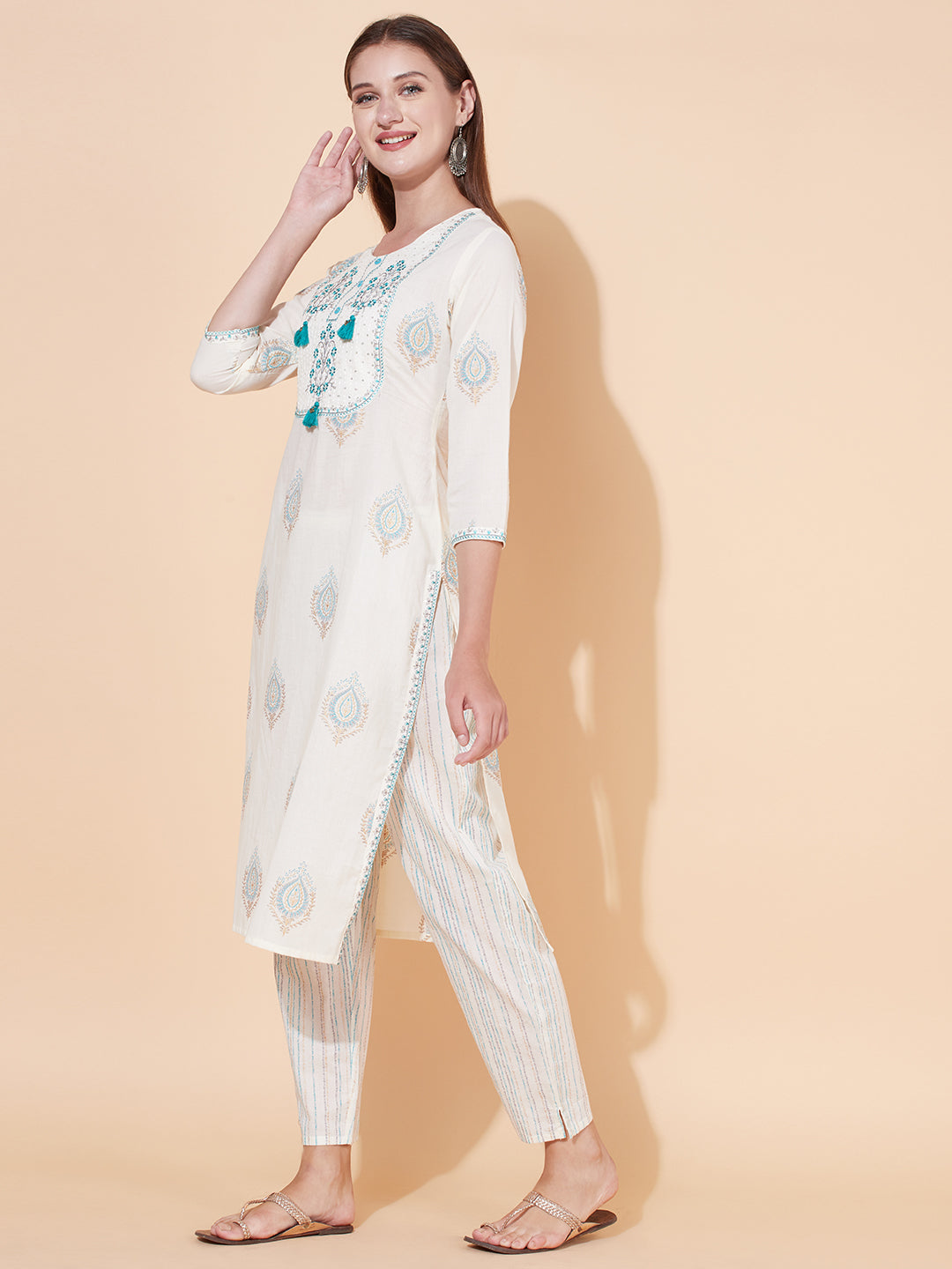 Ethnic Printed & Embroidered Kurta with Pants & Dupatta - Off White