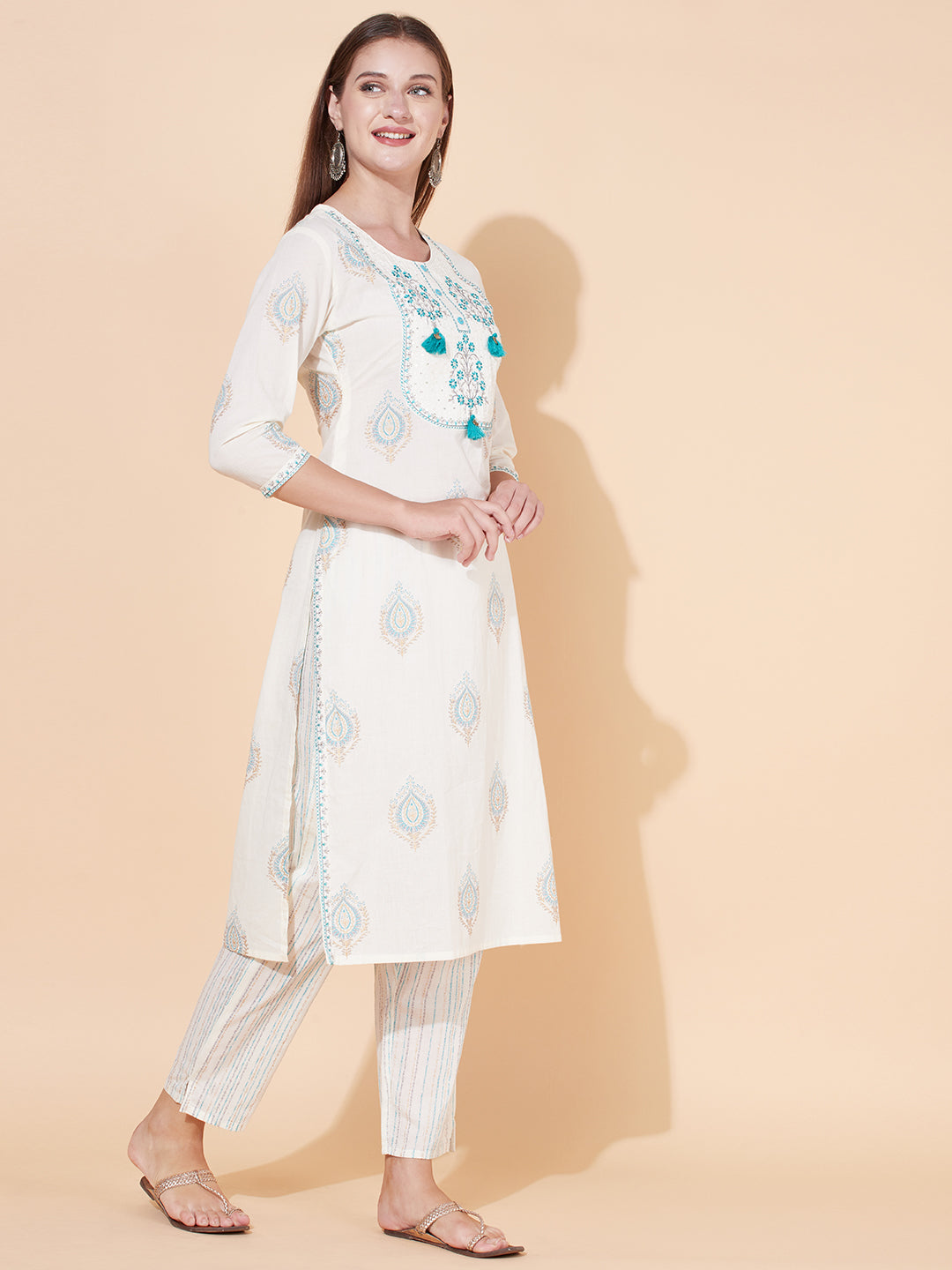 Ethnic Printed & Embroidered Kurta with Pants & Dupatta - Off White