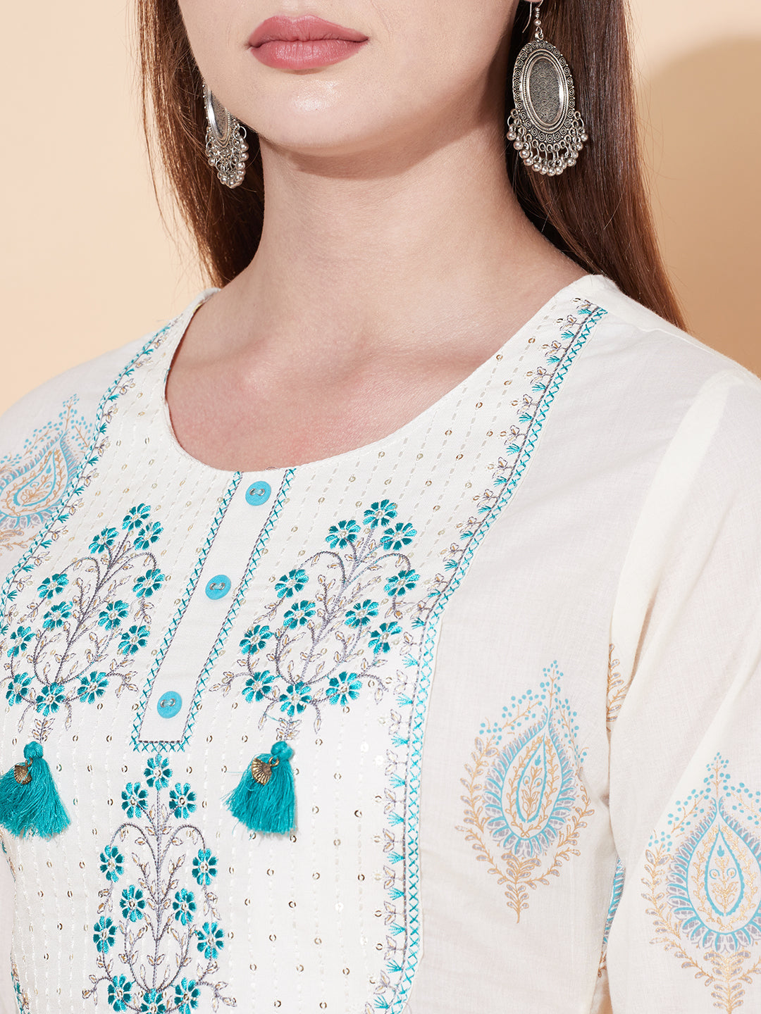 Ethnic Printed & Embroidered Kurta with Pants & Dupatta - Off White