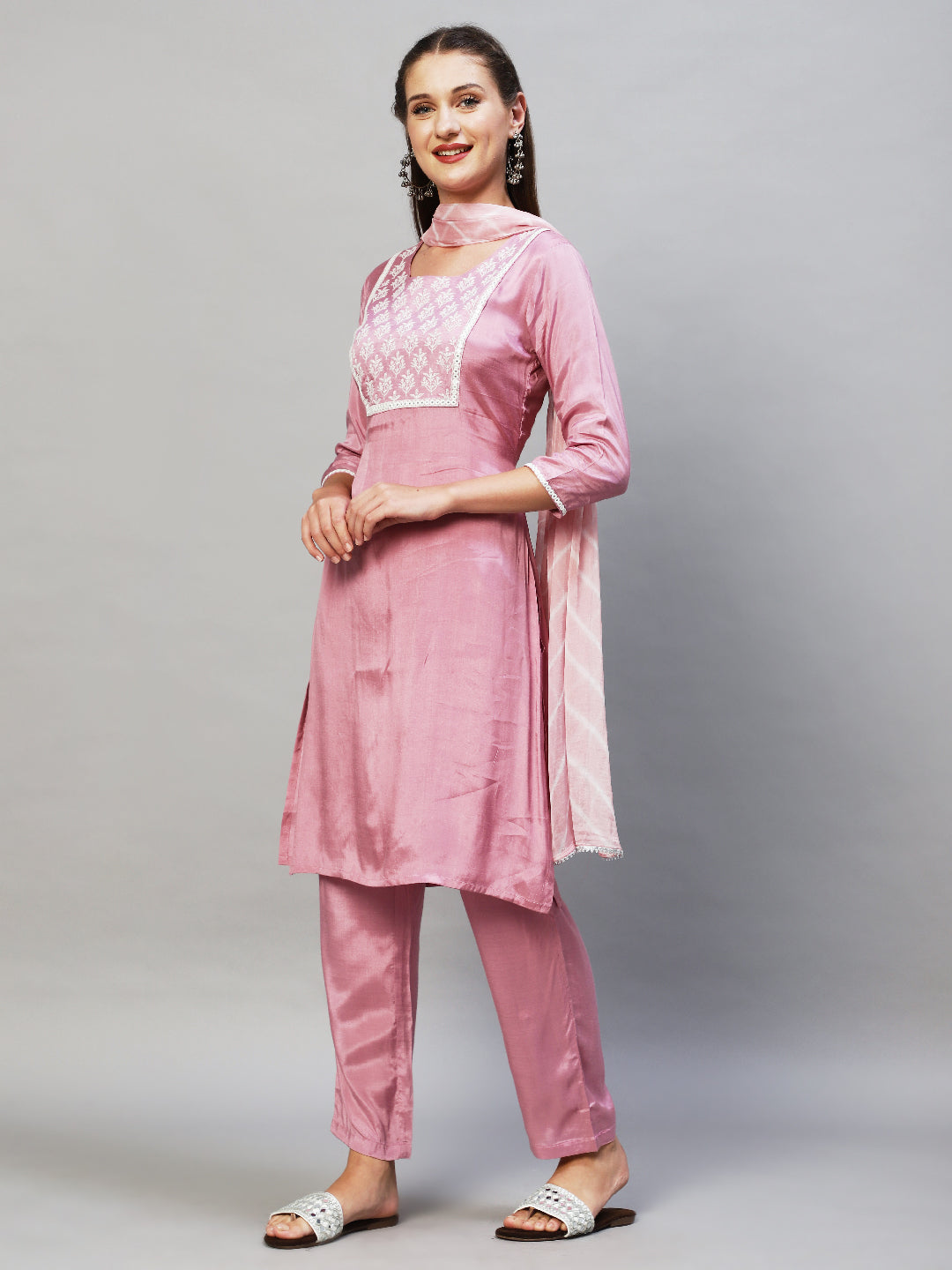Ethnic Embroidered Kurta with Pants & Dupatta - Lilac Purple
