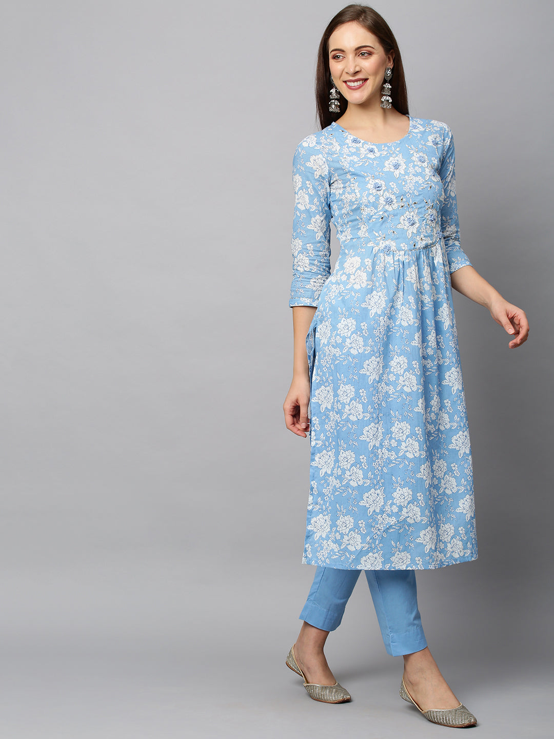 Floral Printed & Embroidered A-Line Kurta with Pants - Light Blue
