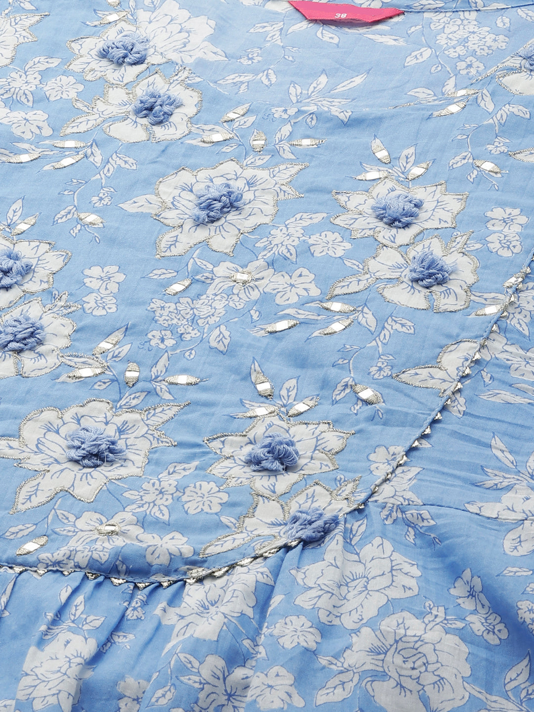 Floral Printed & Embroidered A-Line Kurta with Pants - Light Blue