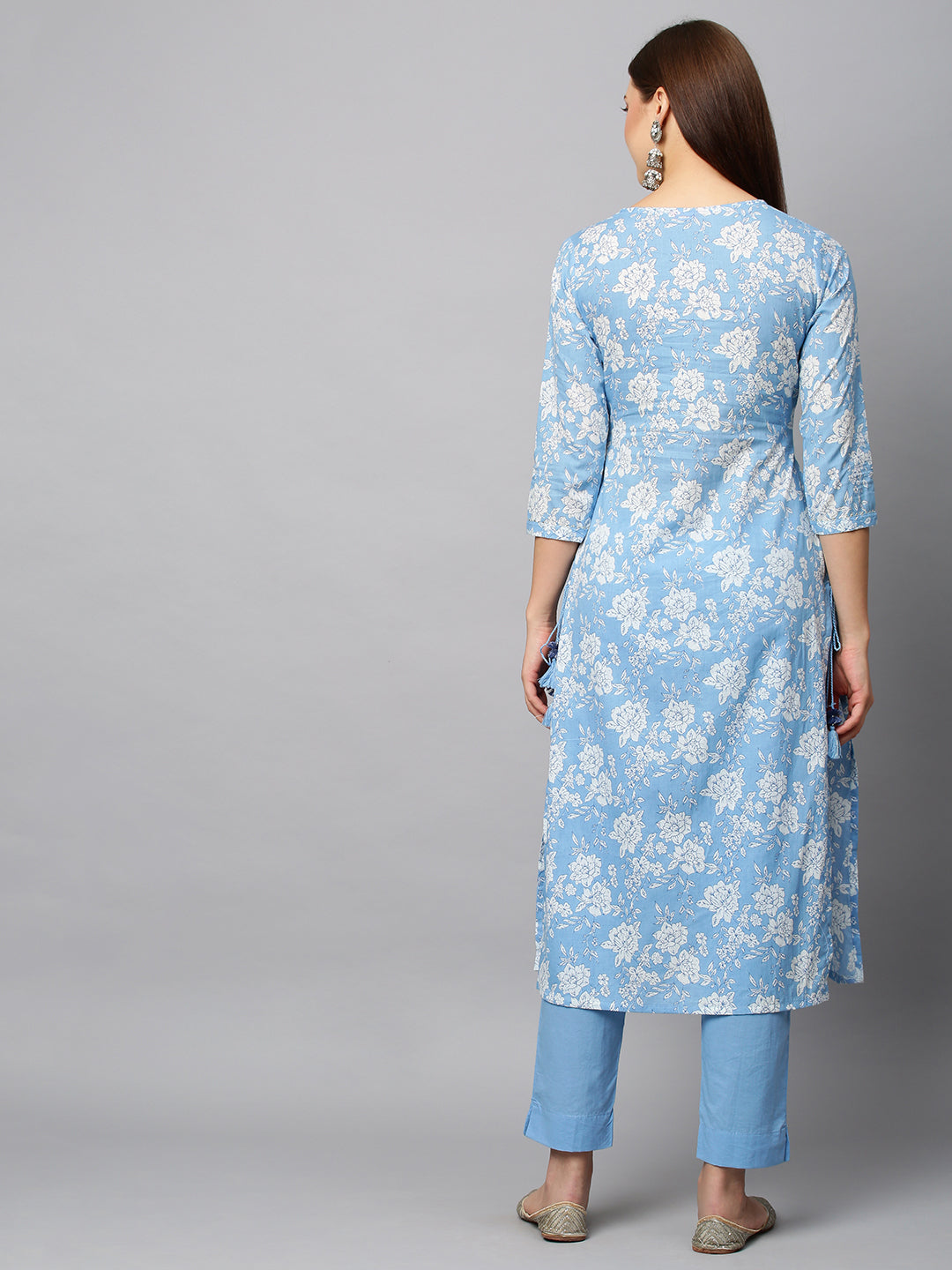 Floral Printed & Embroidered A-Line Kurta with Pants - Light Blue