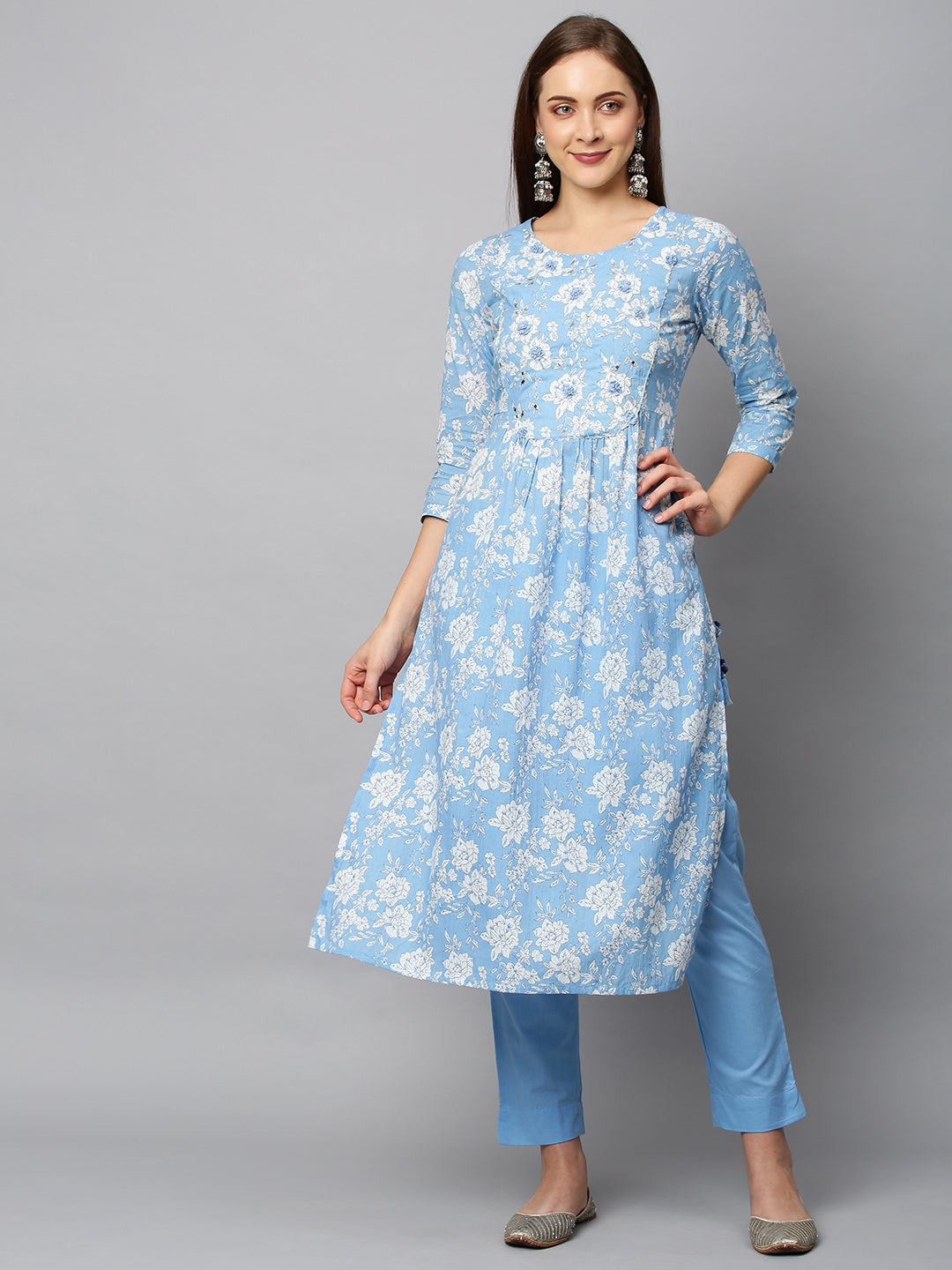 Floral Printed & Embroidered A-Line Kurta with Pants - Light Blue