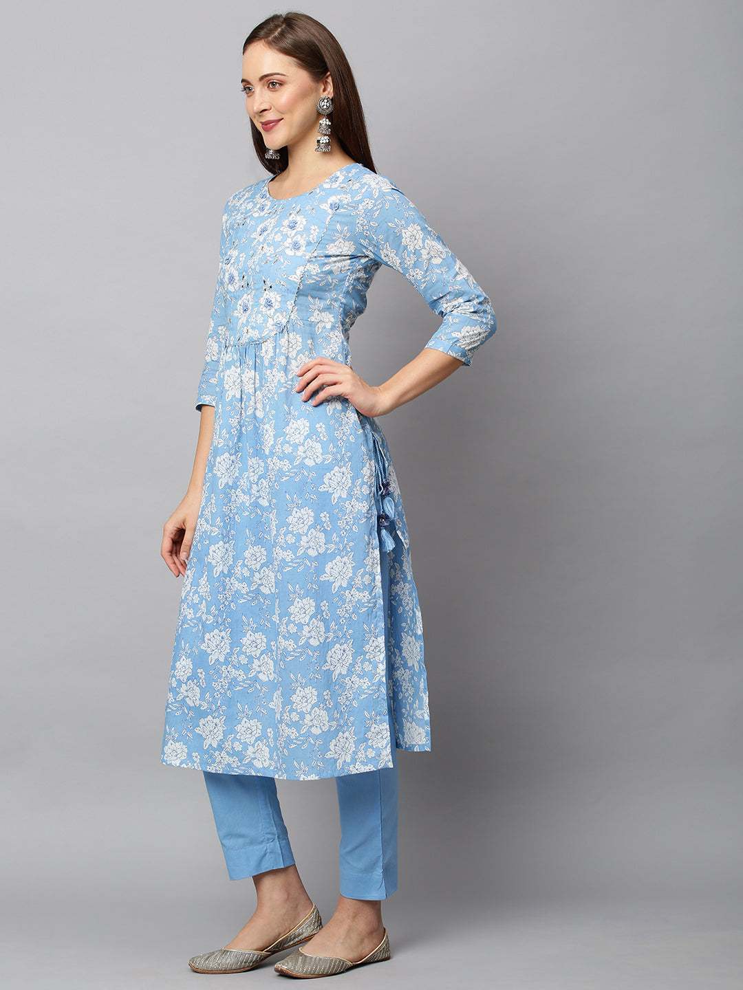 Floral Printed & Embroidered A-Line Kurta with Pants - Light Blue