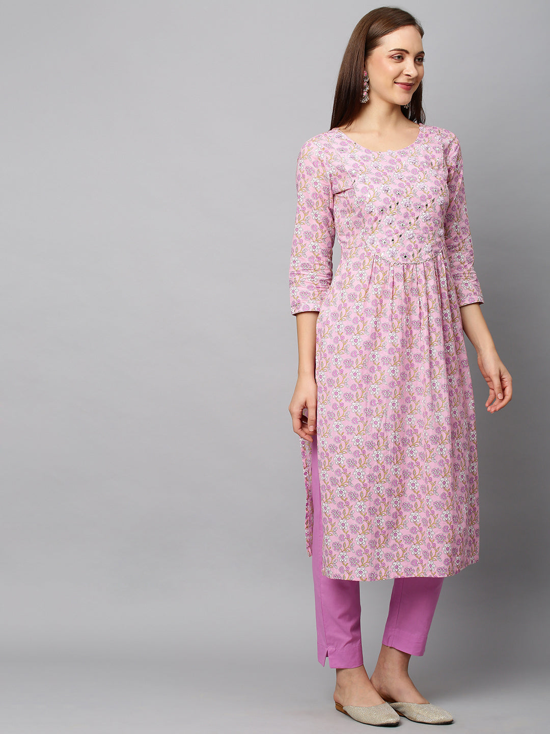 Floral Printed & Embroidered A-Line Kurta with Pants - Light Pink