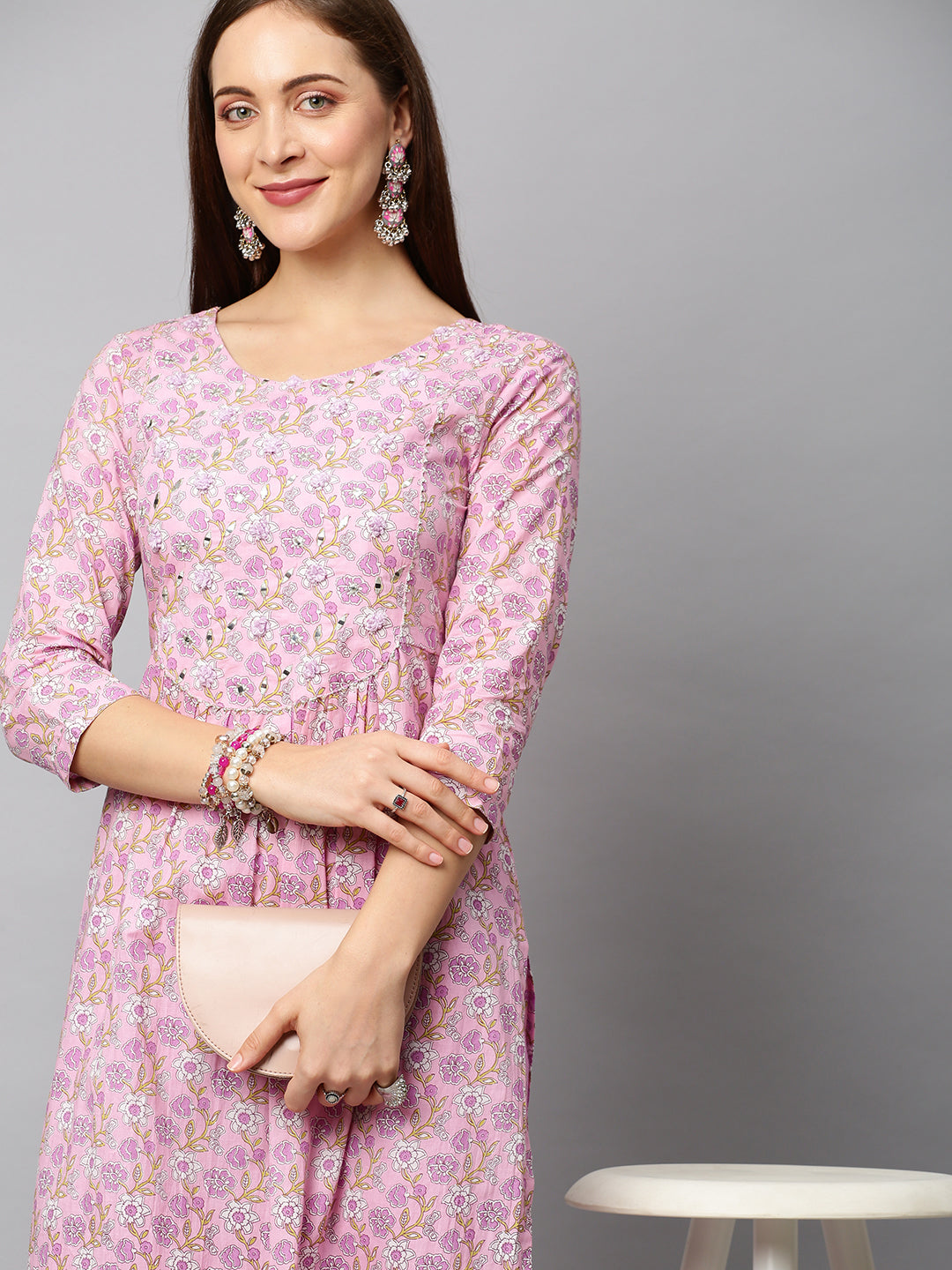 Floral Printed & Embroidered A-Line Kurta with Pants - Light Pink