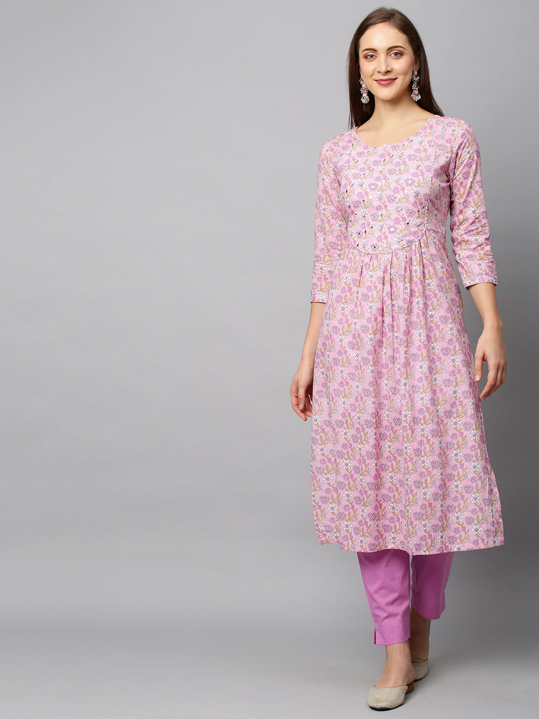 Floral Printed & Embroidered A-Line Kurta with Pants - Light Pink