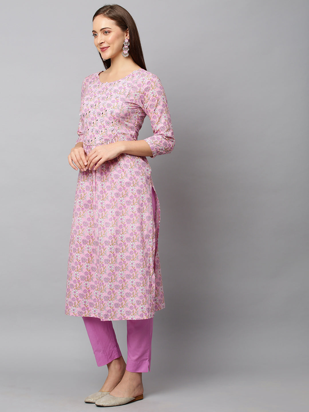 Floral Printed & Embroidered A-Line Kurta with Pants - Light Pink